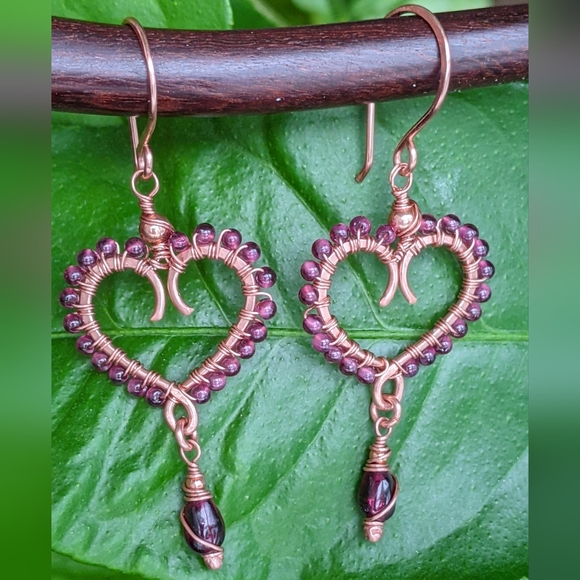 Garnet Heart Earrings Artisan Crafted Copper Design Dangle Drop - Picture 6 of 16